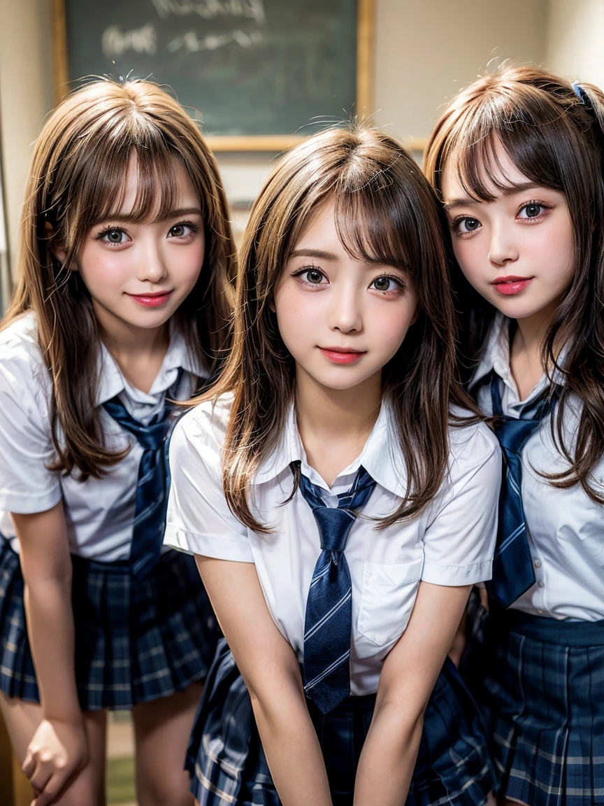 Browsing Caution, ((masterpiece)), ((Highest quality)), (Very detailedな), ((cute)), cute, (Multi-point), ((sexy)), (device), ((Very detailed)), 4K, (8k), Highest quality, (beautiful), hyper cute face, shape, Anime Style,hyper Genuineistic, Genuine, Dynamic Angle, ((whole body)), close, Thick outline, Clear contours, at school, (Three Girls, 3 cute girls:1.5), (Schoolgirl Uniform :1.5), beautiful light brown hair, beautiful brown eyes, ((beautiful eyes)), (Leaning forward:1.5), (Under the skirt:1.5), short hair, Big Tits,Big cleavage、  smile