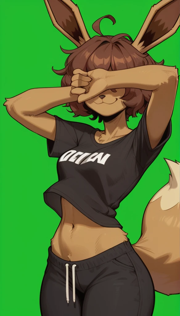 Excited expression, 1girl, anthro, furry, fur, fluffy fur, eevee girl, brown hair, short hair, messy hair, (19 years), medium breast, thicc thighs, solo, (green background), detailed, smug smile, (hair covering eyes), black shirt, baggy pants (black pants), looking at the viewer, score_9, score_8_up, score_7_up, score_6_up, score_5_up, score_4_up