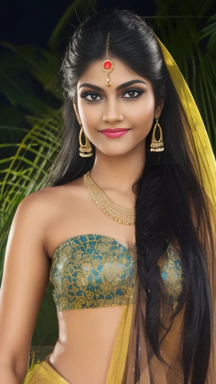 (best quality,4k,8k,highres,masterpiece:1.2),ultra-detailed,(realistic,photorealistic,photo-realistic:1.37) a beautiful young indian  girl, at a indian festival, hindu aesthetic, night time, 8k, light on model, happening environment, staring in the camera, breasts big, long hair tied in a bun, wearing strapless bra, wearing heavy makeup, long eye lashes, bindi, long earrings, necklace, arm bands, wristbands, nose ring and waist chain, mascara on the eyes, wet clothes