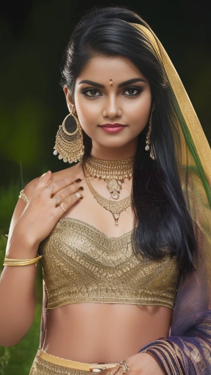(best quality,4k,8k,highres,masterpiece:1.2),ultra-detailed,(realistic,photorealistic,photo-realistic:1.37) a beautiful young indian girl, at a indian festival, hindu aesthetic, night time, 8k, light on model, happening environment, staring in the camera, breasts big, long hair tied in a bun, wearing strapless bra, wearing heavy makeup, long eye lashes, bindi, long earrings, necklace, arm bands, wristbands, nose ring and waist chain, mascara on the eyes, wet clothes