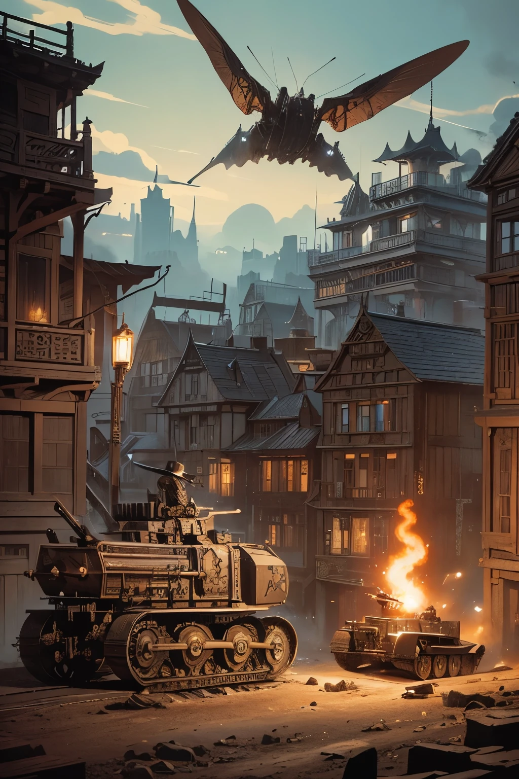 (Ultra-detailed face, looking away, Fantasy Illustration with Gothic, Ukiyo-e, Comic Art, Rich colors), 
BREAK 
(This is a steampunk-like world where magic and machines are fused together. Heavily armored lead cars with caterpillars on both sides are fighting side by side. On top of the bogie is a 120mm glide gun and two remote-controlled heavy machine guns.)