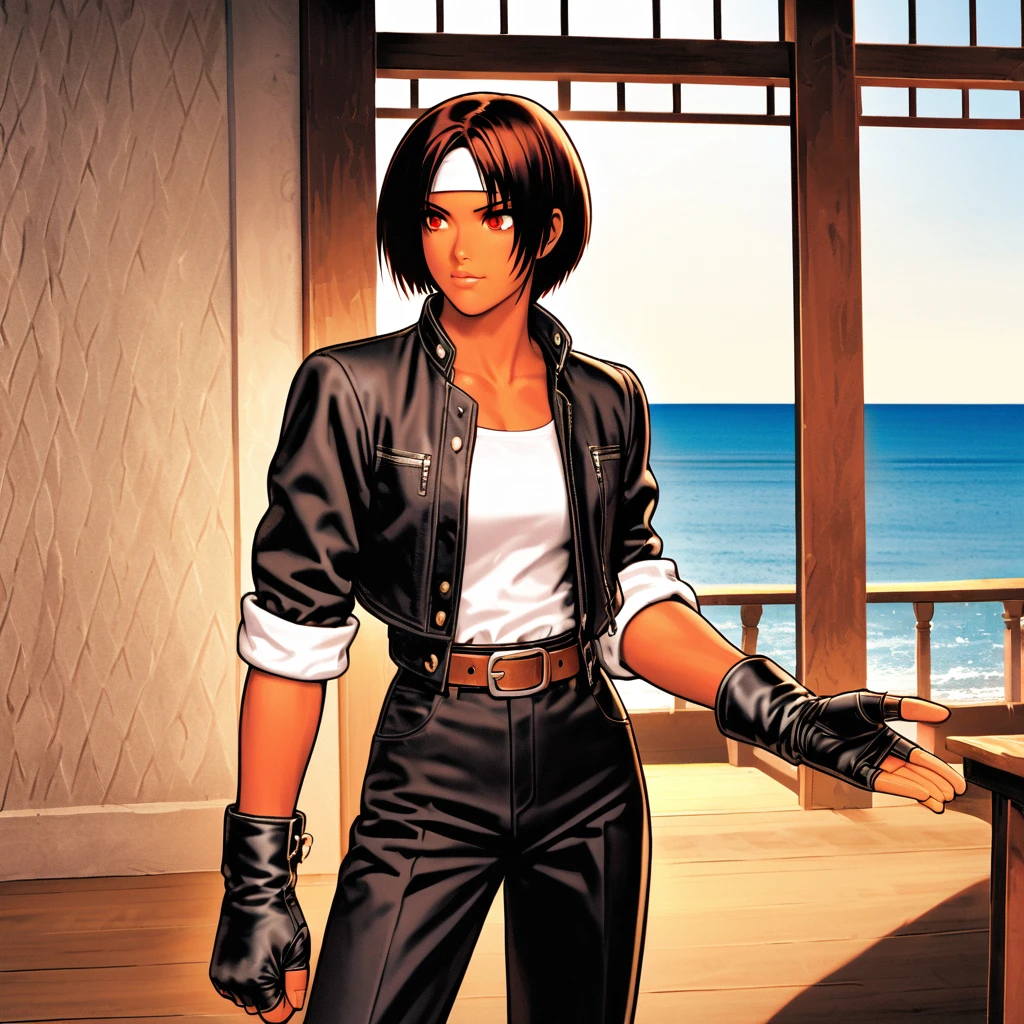 Alone,Female,Standing,Reaching Out/Hands in Front,Short Hair,Dark Hair,Dark Skin,Red Eyes, (black jacket with rolled up sleeves),fingerless gloves,white T-shirt, (white headband),black pants,white shoes,brown belt,cute,indoors ,charm points,ocean view,slightly larger chest, outdoor,high quality,handsome,confident and anxious face,comforting friend on terrace,lively atmosphere