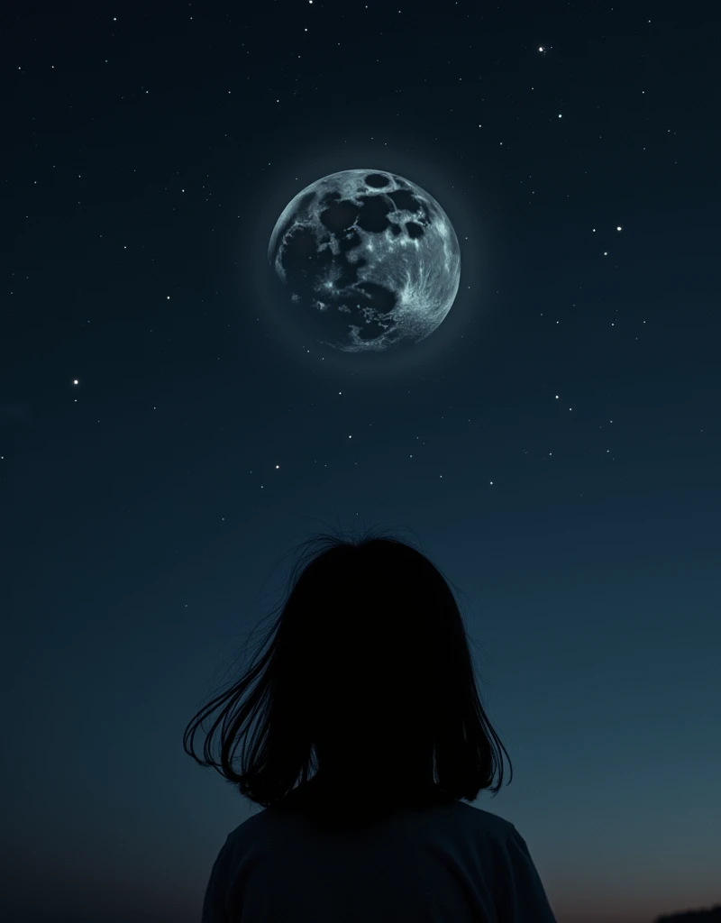 Black starry sky with blurry moon,a black hair girl looking at sky,with written on it control your MIND or it will control you