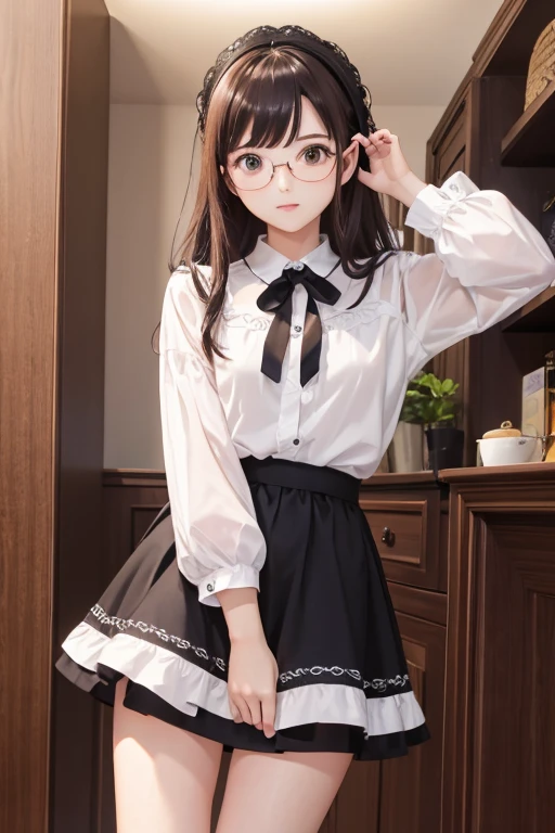 Highest quality、masterpiece、High sensitivity、High resolution、Detailed Description、Slender women、Glasses、The skirt seems to turn up、Protect with your hand、