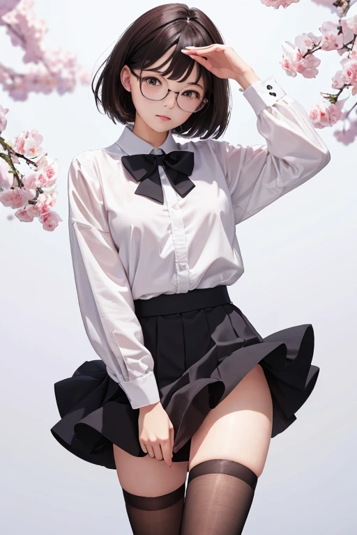 Highest quality、masterpiece、High sensitivity、High resolution、Detailed Description、Slender women、Glasses、The skirt seems to turn up、Protect with your hand、