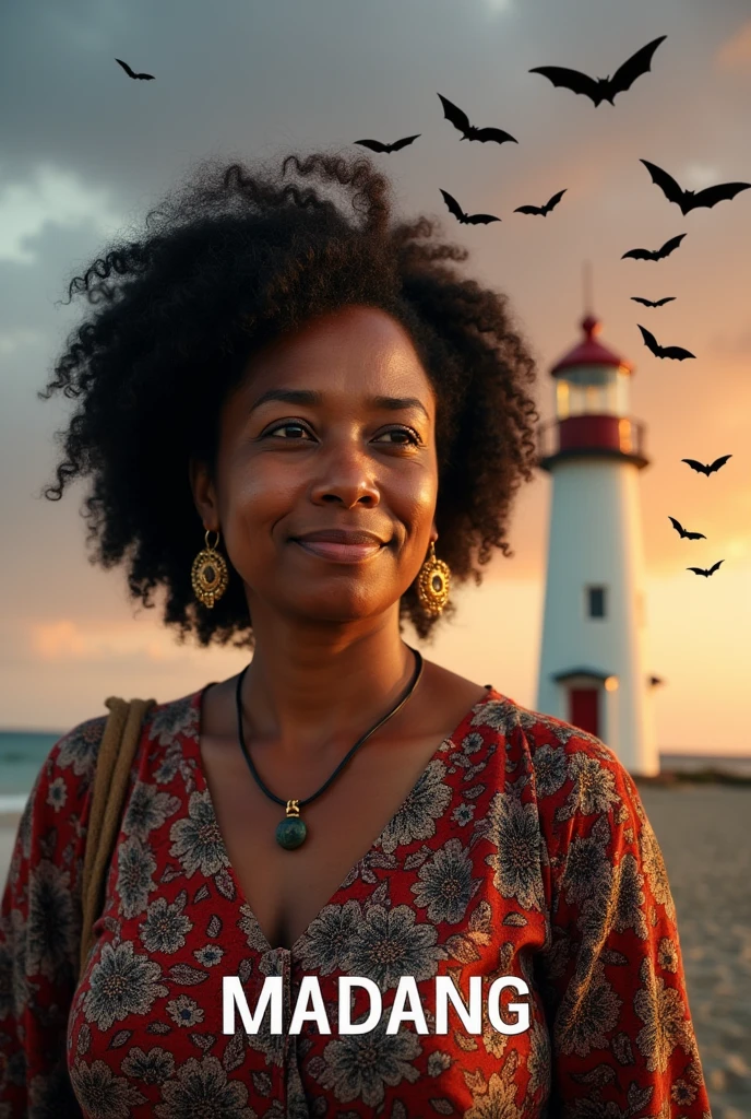 A Papua New Guinean woman with curly black hair, brown skin, wearing a meri blouse, with a string bilum hanging on her right shoulder, standing beside a light house at the beach. Sunset with bats flying, Realistic art. Has the name JESS as the first heading and MADANG has the second heading and is colored black and white stroke.