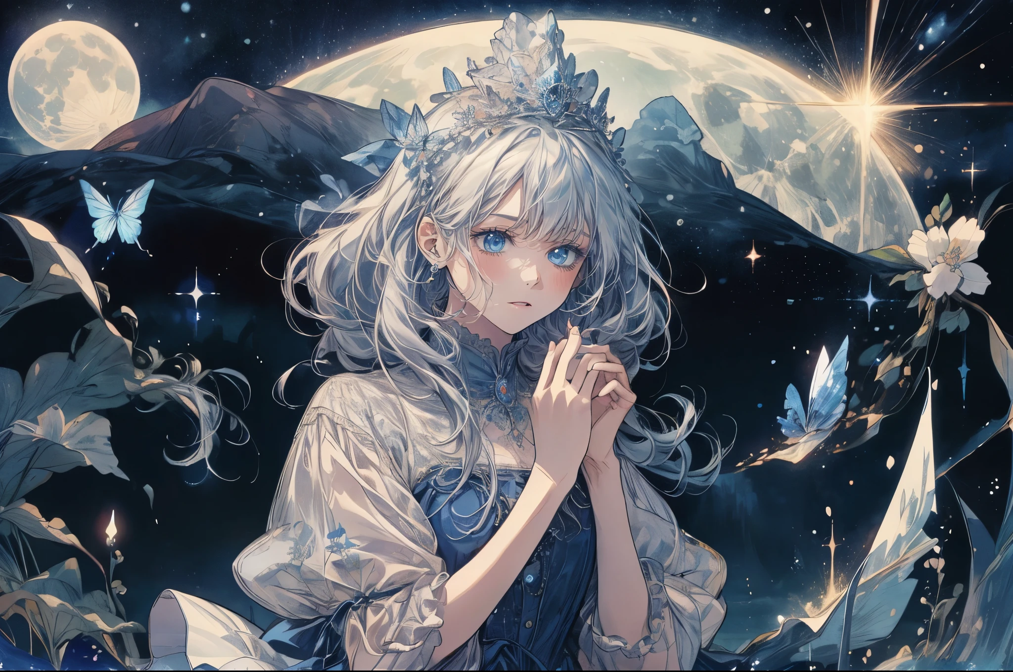 (Mastepiece), (Best Quality), Very detailed, 1 girl, (Full body photography:1.5), Perfect Face, beautiful girl, Very detailedな顔,(Blue Princess Dress:1.4)、(Long white hair:1.5),(blue eyes:1.4),(Princess:1.4)、(White flower:1.4)、(Blue Butterfly々:1.3)、(Sparkling:1.3)、moonlight、流れstar、(night、star空、White Moon:1.4)、star々、moonlight