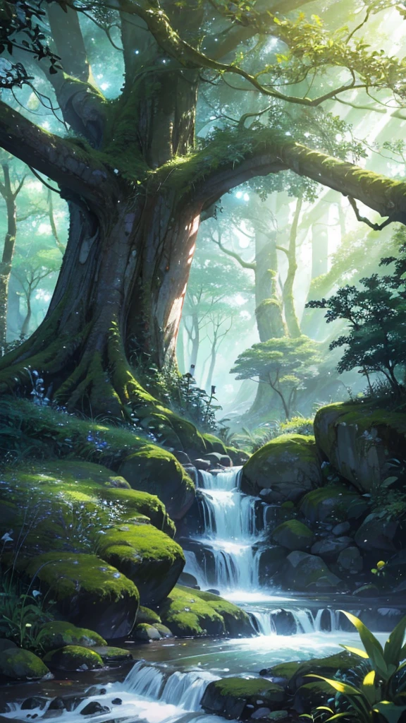 Viral anime nature wallpaper in 4K quality, in the style of digital illustration inspired by Hayao Miyazaki, featuring a serene forest with towering ancient trees, dappled sunlight filtering through the leaves, a gentle stream flowing through the scene, and mystical creatures peeking from behind the foliage; vibrant and warm color temperature, cosmos lighting with stars twinkling in the sky, no human characters, the atmosphere is tranquil and enchanting --v 5 --stylize 1000