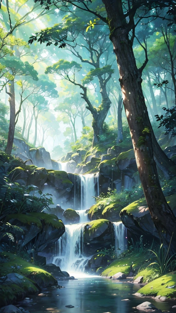Viral anime nature wallpaper in 4K quality, in the style of digital illustration inspired by Hayao Miyazaki, featuring a serene forest with towering ancient trees, dappled sunlight filtering through the leaves, a gentle stream flowing through the scene, and mystical creatures peeking from behind the foliage; vibrant and warm color temperature, cosmos lighting with stars twinkling in the sky, no human characters, the atmosphere is tranquil and enchanting --v 5 --stylize 1000