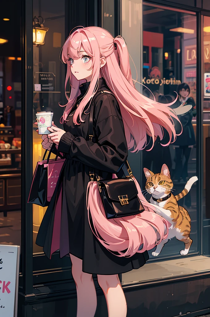 Young woman, темная street, Rear lighting, shop windows, cat in reflection, dark, light in hair, street, coat, black dress, handbag, Abyssinian cat, pink hair girl, without bangs