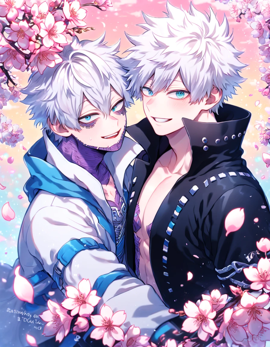 absurdres, highres, ultra detailed, HDR, master piece, best quality, extremely detailed face, delicated features, Todoroki Touya Dabi, white hair, expressive turquoise eyes, Boku No Hero Academia, Gojou Satoru, white hair, expressive blue eyes, white eyelashes, two sexy men together, yaoi, gay couple, handsome, manly man, smiling, black coat, white coat, fantasy, magical, cherry blossoms, pink flowers, pink birds, pink petals, water