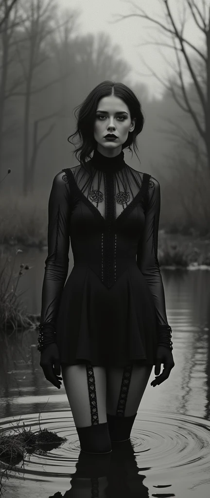 old monochrome film, drama, stuck in bog,high-neck style, closed Puritan dress, short mini-dress, hips, high-neck dress, aristocratic hairstyle, stockings with garters, red lips, goth, aristocratic, gloves