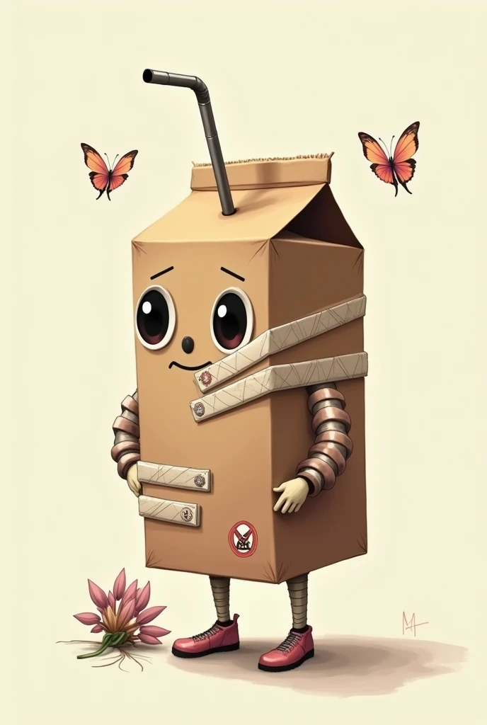 A brown juice box, with his straw ,that is with medical bandages and a butterfly sticker