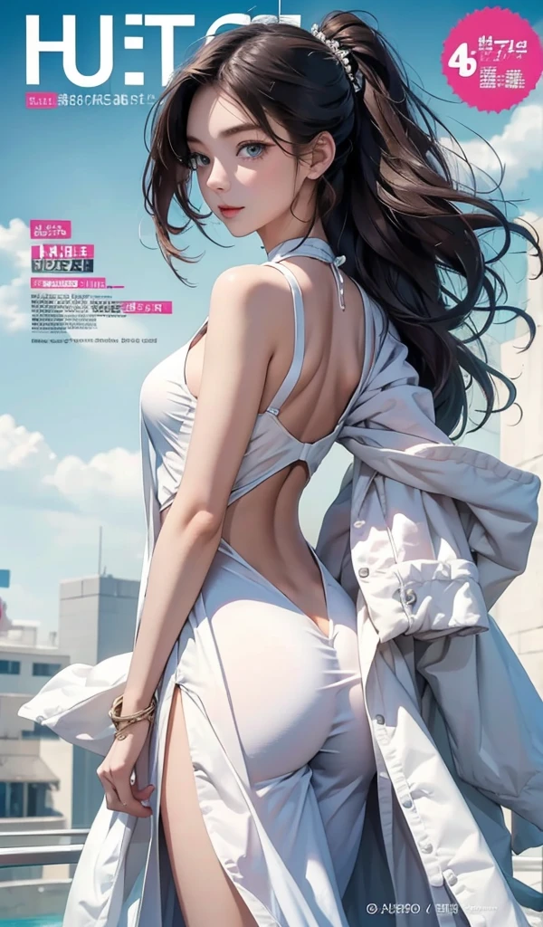 best quality, master, high resolution,A girl, Super beautiful face, Super beautiful eyes, Super beautiful hair，magazine cover，fashionable costume，The whole body，Backshot