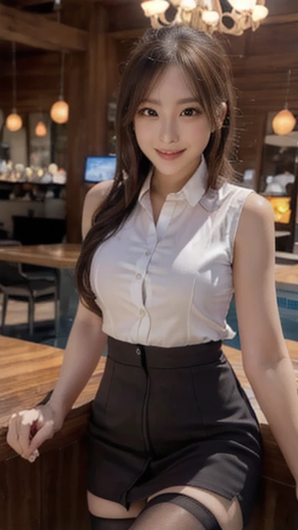 UHD, high quality, best quality, 16k,4K(8K), Business Professional Attire, at the bar,  shirt, sleeveless, jacket, looking at viewer, smile with teeth, black thighhigh, blurry background, indoor, bar, natural lighting, night light,