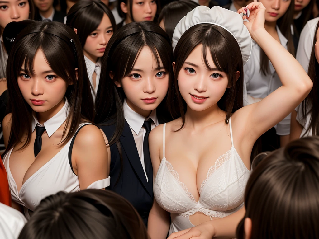 (8k, Ultra-high resolution, Highest quality, masterpiece: 1.2), (Insincere laughter), (avoid), (************: 1.5), Japanese girl, beautiful girl, born々new portrait, Realistic, Fun expression, smile, Bright atmosphere, Highest quality, (Huge breasts, Cleavage: 1.8), (J-Cup: 1.8), (Beautiful maid girl: 1.8), Western-style garden, Wide-angle field of view, (Natural skin texture, Detailed skin, Ultra Sharpness), Detailed and detailed, The depth of the written world is shallow, Very bright lighting, ((There are many cloned humans who have the exact same face and body shape as the maid girls: 1.6)), Very crowded, Super dense, Cleavage全開, , aisle, spiral stage, top view