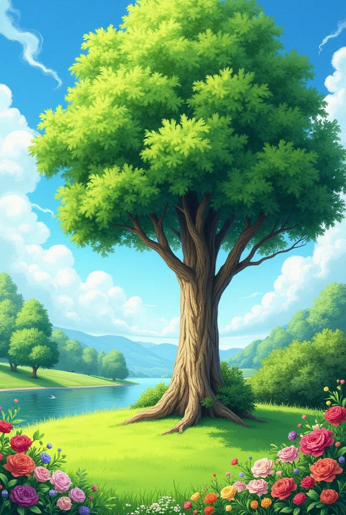 drawing of a tree in the corner on a lawn with flowers and blue sky
