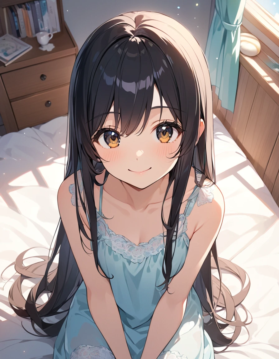 Girl,cute,cute,Chest to head,smile,Straight Hair,Long Hair,Black Hair,Girl sitting,Bedroom,morning,sunny,From above,Look up here,looking at the camera,negligee