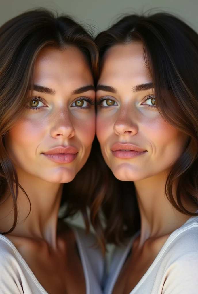 Create a photo of two adult twins with brown hair from the front of their faces