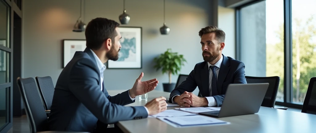 An important conversation within the company, discussing issues with each other. Two employees are sitting and talking in the office.