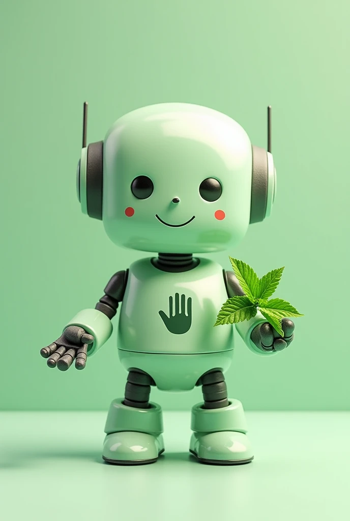 Small light green robot with open hand symbol on chest, friendly with a mint leaf in hand 