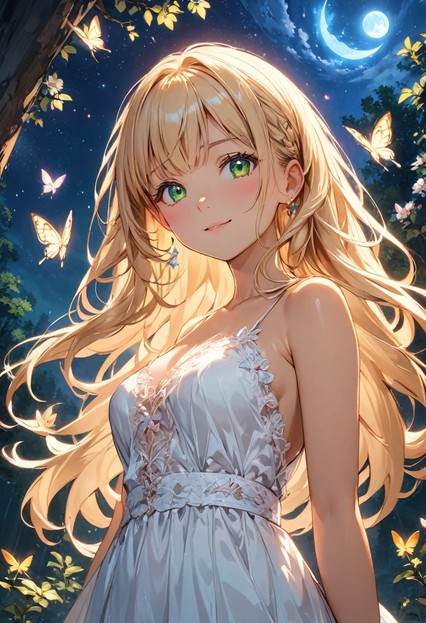 (best quality: 1.2, very detailed, high detail, ultra-high resolution, masterpiece: 1.2, 8k, top quality, best aesthetic, perfect lighting: 1.2, best shadow, high contrast, high color saturation), anatomically correct, perfect hands, anime style, anime artwork, cinematic lighting,
((a beautiful girl looking up at the sky: 1.3, 1 girl)), (18 years old), (finely detailed beautiful face: 1.0),
full body, perfect figure, long limbs, small head, silky skin, straight long hair, shiny platinum blonde hair, bangs, white lace camisole, medium breasts, smile, green eyes, (finely detailed beautiful eyes: 1.2),
In the forest at night, lake, shining starry sky, starlight, moon, moonlight, butterflies are flying in the air, flowers, from below, deep depth of field,