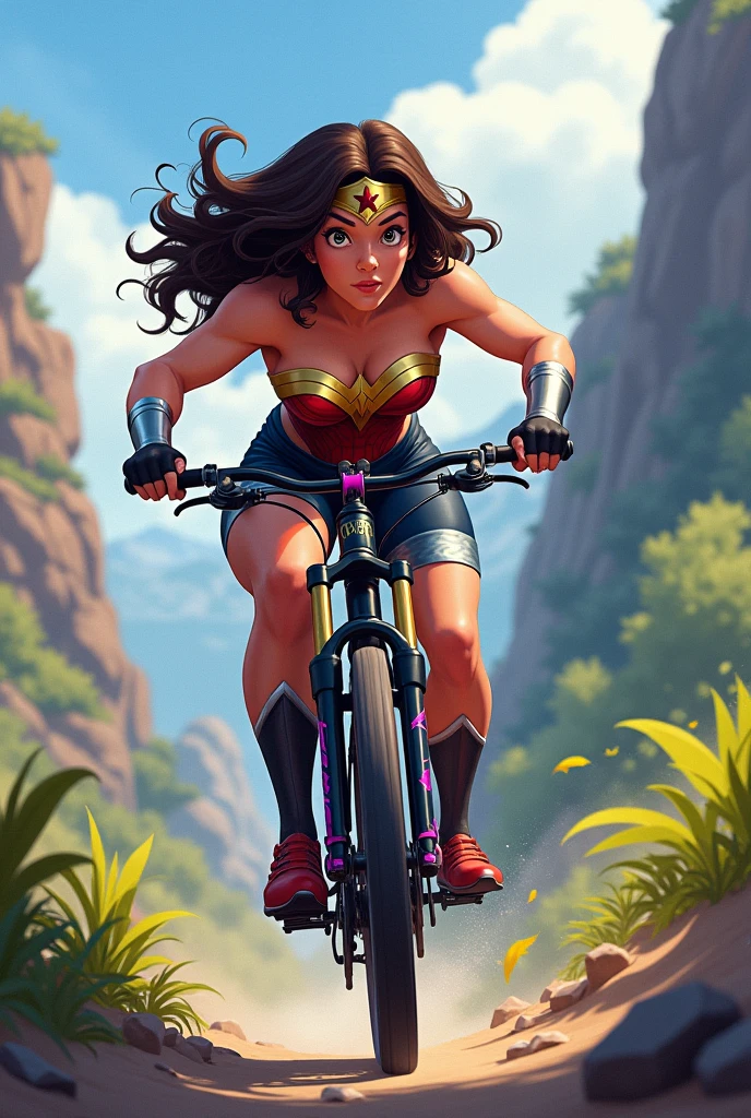 Play the role of a designer and create an animated image of a brunette cyclist with curly hair, The bike should be a black mountain bike with fuchsia details and the cyclist's outfit should be allusive to Wonder Woman (Not literally the Wonder Woman suit).
