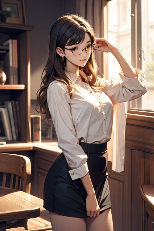 Highest quality、masterpiece、High sensitivity、High resolution、Detailed Description、Slender women、Glasses、The skirt seems to turn up、Protect with your hand、