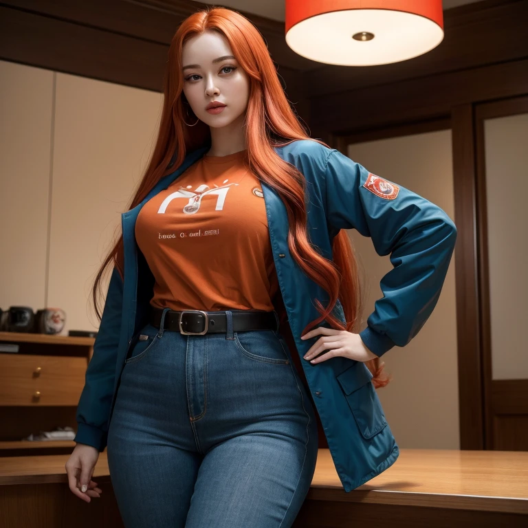 Adult female,Full body suit Perfect facial,Big breasts, perfect face, woman with long red hair and very long red hair, wearing orange t-shirt, curvy body,red lips,Standing in the middle of the room , green eyes, super long red hair with very super long red hair, wearing black jeans  with red belt,  proportions high and good of anime figure,ultra detailed, cinematic lighting , perfect face, wearing blue jacket 