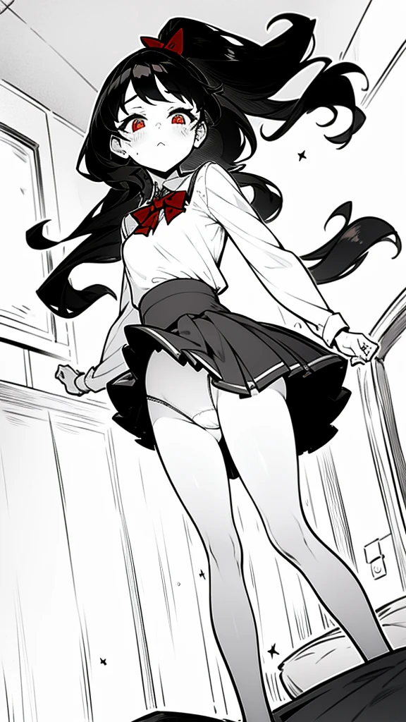 using pantimedies, wavy black hair, piercing look with deep red eyes, average stature, Silky hair with a ponytail hairstyle collected with a red bow with two white lines, with clothes, has a vagina, has breasts, cup of breasts, small breasts, slim, foreground, Session, sitting in her room, standing in his room, wearing pantyhose, using pantimedies, Picardias, short skirt, shoes, blouse with straps, blush, opening her legs making her panties visible, open legs, perfect white panty, Skirt fluttering in the wind, grabbing the skirt with both hands, from below, chubby thighs, big thighs, big ass