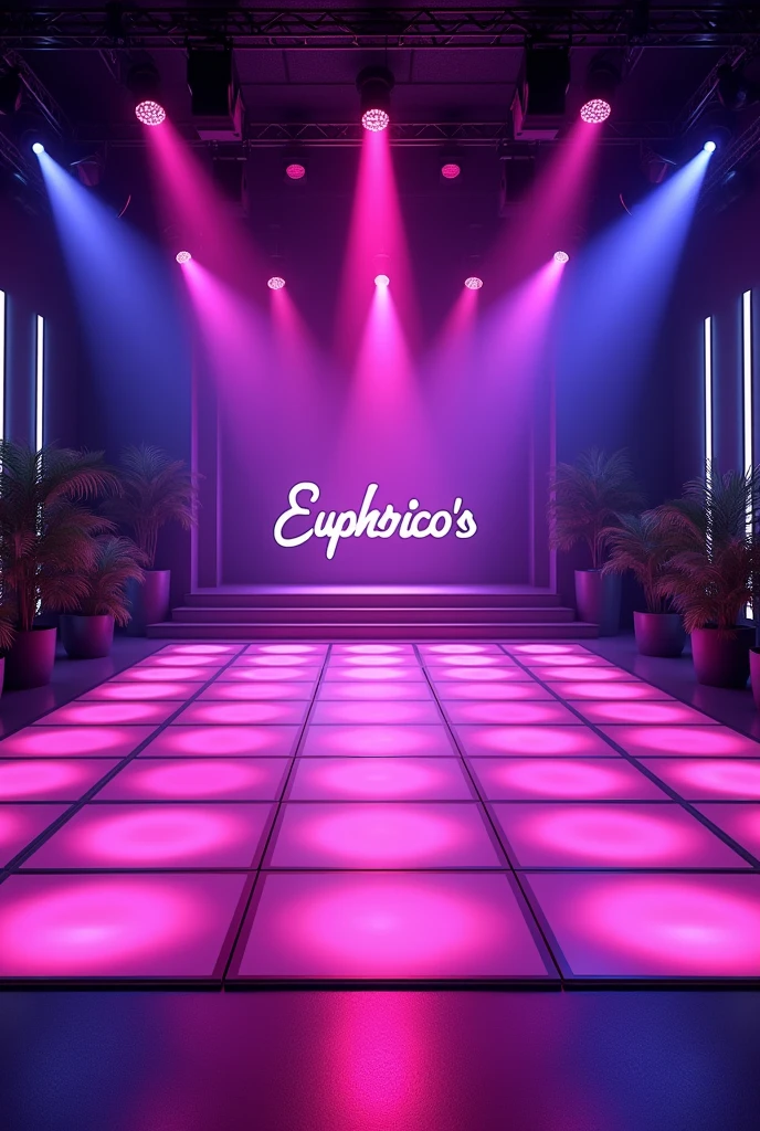 It can create a stage and dance floor environment, appealing, modern and following a modern lighting proposal, with strong colors like purple, Pink. A sophisticated track, large and have some small tables on the side to place drinks on. The dance floor can be illuminated. At the back of the stage you can see the name of the bar Euphorico&#39;s, and in the environment you can bring some decoration with vegetation. THE ENVIRONMENT CAN BE A SQUARE SPACE 
