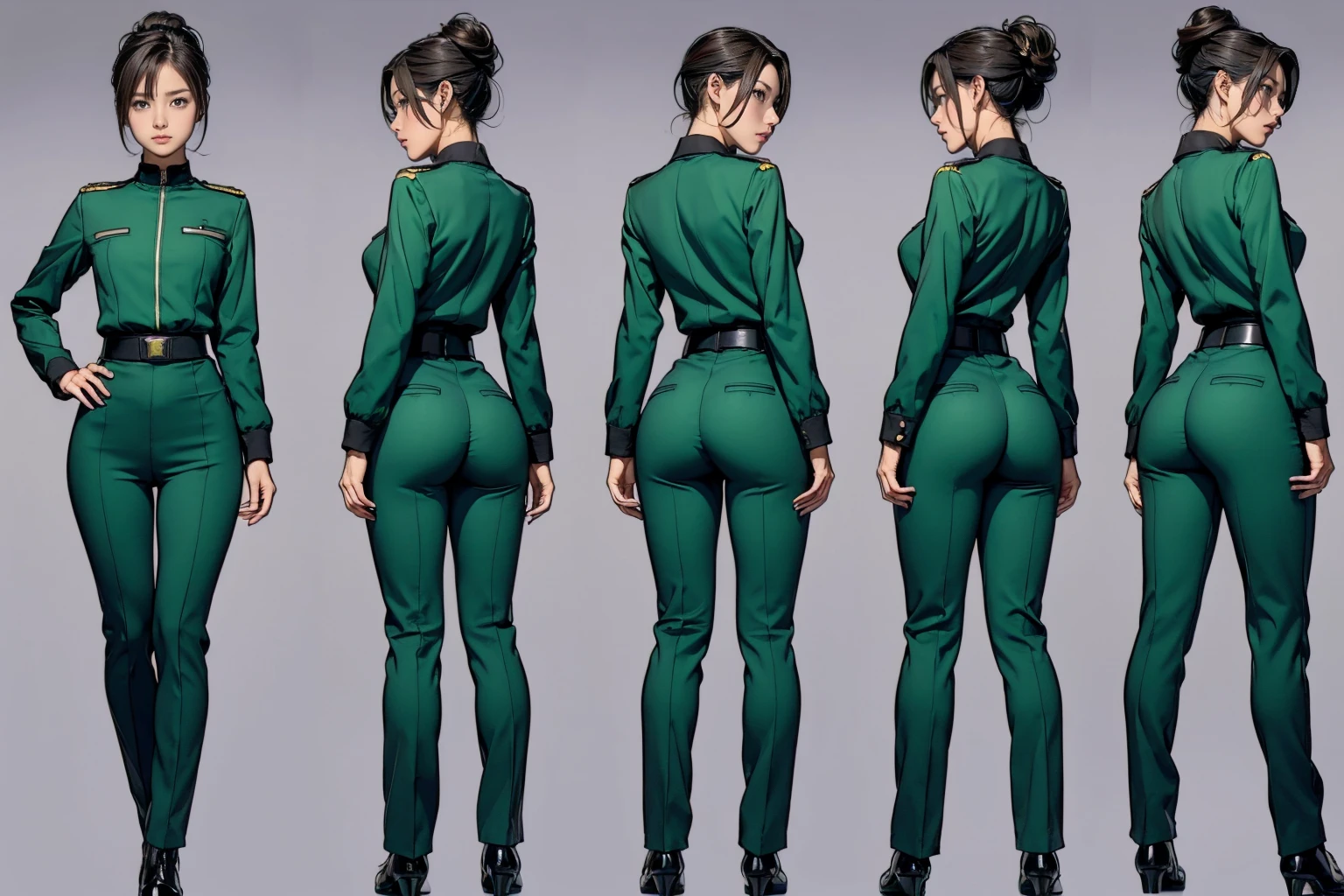 ((masterpiece)),(((Highest quality))),((Reference Sheet, Character Design, front, Rear view, Side view, color々Hairstyle, Facial Expressions)), -yeld gi Cute type, (Very slim:1.4), (Very small ass:1.4), Realistic buttocks, Big Breasts, Short Bob, Thin thighs, Long legs, (A female Earth Federation officer is walking), (Wearing Earth Federation military uniform, Black and green uniform),(To NFSW:1.3)