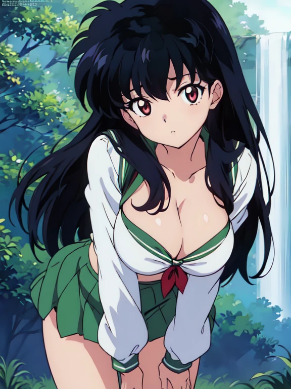 (masterpiece), 1girl, solo, standing in a forest, leaning forward, horny face, looking at viewer, kagome higurashi, front, big breasts, front, cleavage