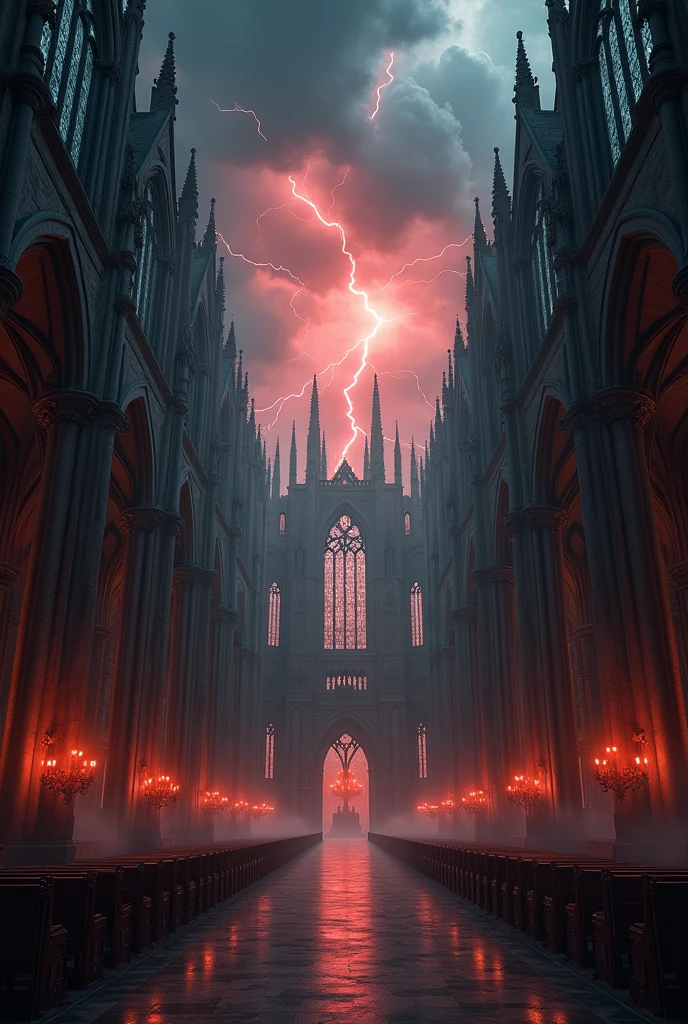 a vast cathedral interior, ornate gothic architecture, sunlight streaming through stained glass windows, dramatic dark storm clouds in the sky, ominous red lightning flashing through the clouds, divine wrath descending, corrupt politicians being destroyed by heavenly fire, (best quality,4k,8k,highres,masterpiece:1.2),ultra-detailed,(realistic,photorealistic,photo-realistic:1.37),cinematic lighting,chiaroscuro,dramatic shadows,dark moody atmosphere,muted color palette,intricate architectural details,awe-inspiring scale,religious iconography,cathedral interior,divine retribution,political corruption exposed,apocalyptic vision