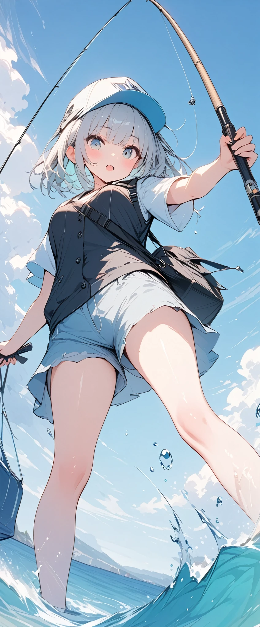 pale colour,((Amazingly absurd)),超High resolution, Attention to detail, high quality, High resolution, 最high quality, 4K, 8k, artwork,3dart,Summer breakwater、Girl Fishing、Black vest、cap、fishing rod