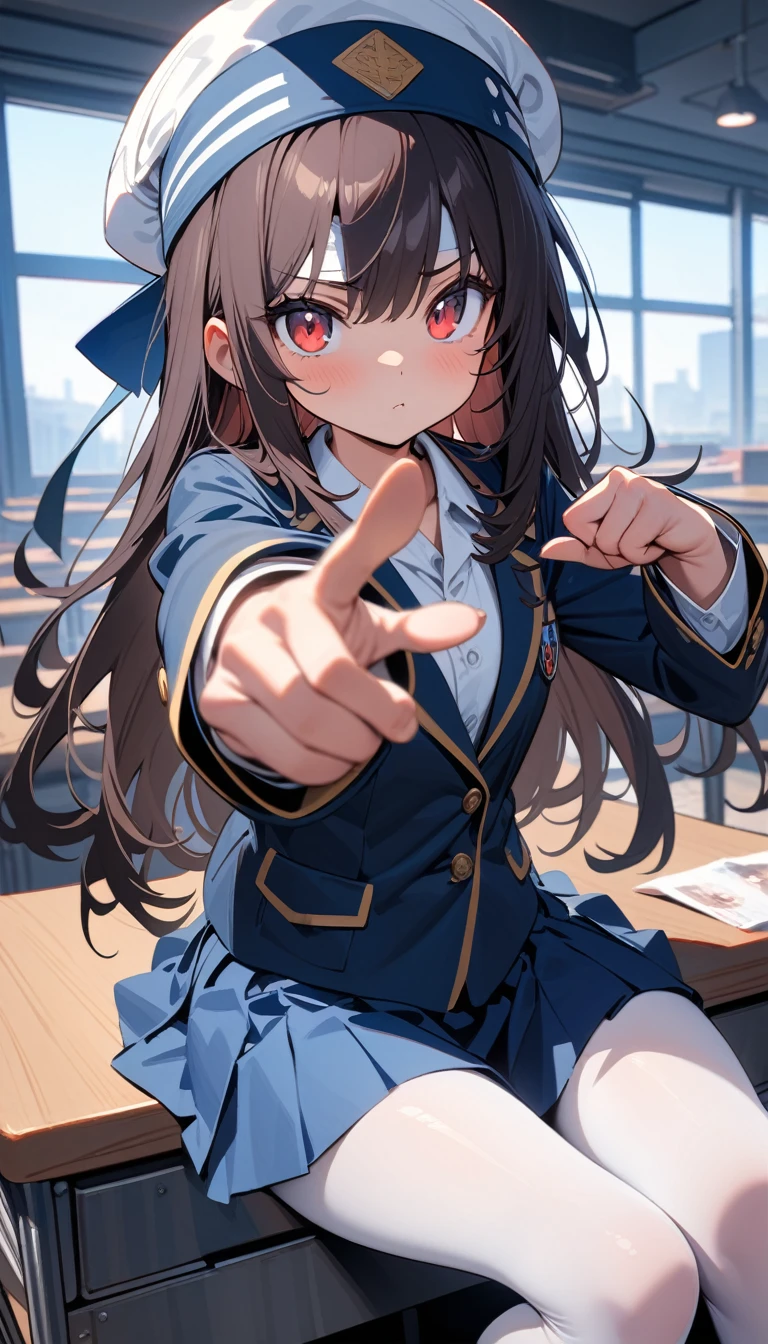 ((best quality)) , ((masterpiece)) , (detailed),A cute anime schoolgirl sitting on the edge of her desk and pointing at the viewer with one hand while holding an electric shock in the other hand. The art is in the style of anime with red eyes, long dark hair, white tights, a blue skirt, and an oversized navy blazer. She also wears a headband hat.