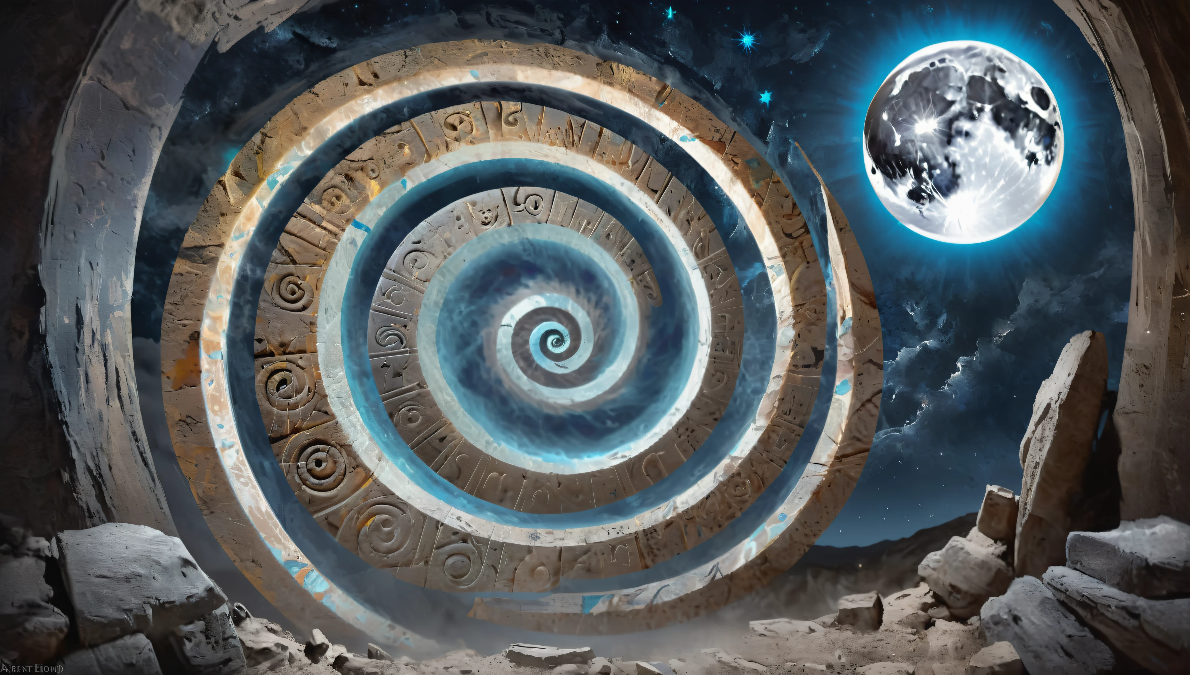 Geometric shapes, Multiverse Spiral, A new gate, light blue, Abstract art, Ancient forgotten civilizations, Starry Night, Bright Moon, 8k, High resolution, Ancient fresco, Forgotten Scriptures, Carved Rock, Endless Darkness, Hidden World, Dust and decay, Forgotten, A world beyond human understanding, Ancient prophecy, Now unleashed