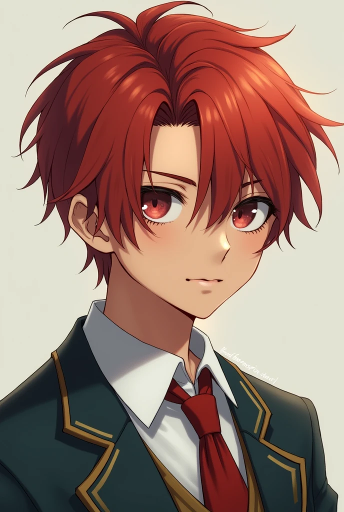 A 17 year old boy, he has red hair,He is brown-skinned,he has a piercing in his eyebrow, he has small eyes,and wears a school uniform 