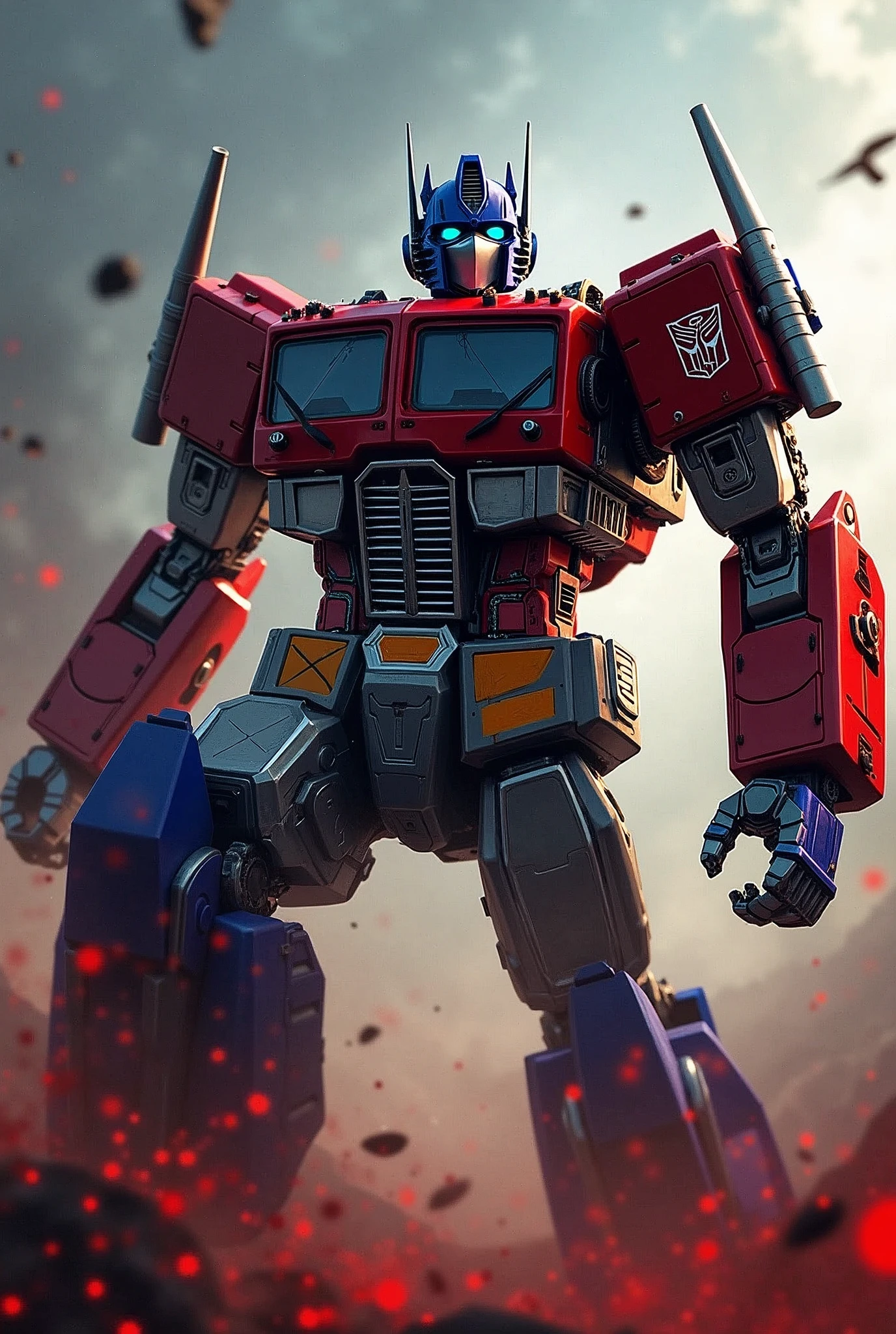 a highly detailed digital art illustration of Optimus Prime, the heroic Autobot leader, in an epic battle against Kirito, the protagonist of Sword Art Online, with intense blood and gore effects, dramatic lighting, cinematic camera angle, stunning 3D rendering, intricate mech and cyberpunk elements, dark and gritty atmosphere, vibrant colors, striking contrast, masterful attention to detail