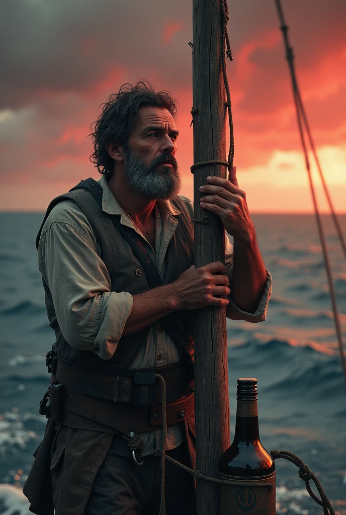 Man holding sail mast of a boat, gazing at the horizon, with a bottle of rum in his left hand, sea with low waves, dark sky with reddish tones
