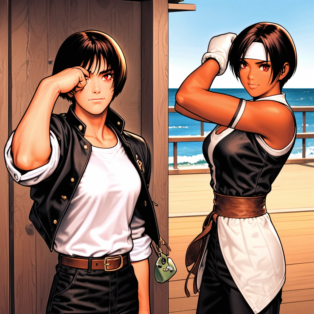 woman,Crying face,Wiping tears,short hair,Black Hair,Dark Skin,Red eyes,（Rolled up sleeves black jacket）,Fingerless gloves,White T-shirt,（White headband）,Black Pants,White Boots,Brown belt,cute,Indoor Party,Charm point Charm point,Ocean View,My breasts are a little large,Outdoor,high quality,cool,Unconfident face,Classmate on the terrace（Girls and boys）,care about,After the breakup,Standing