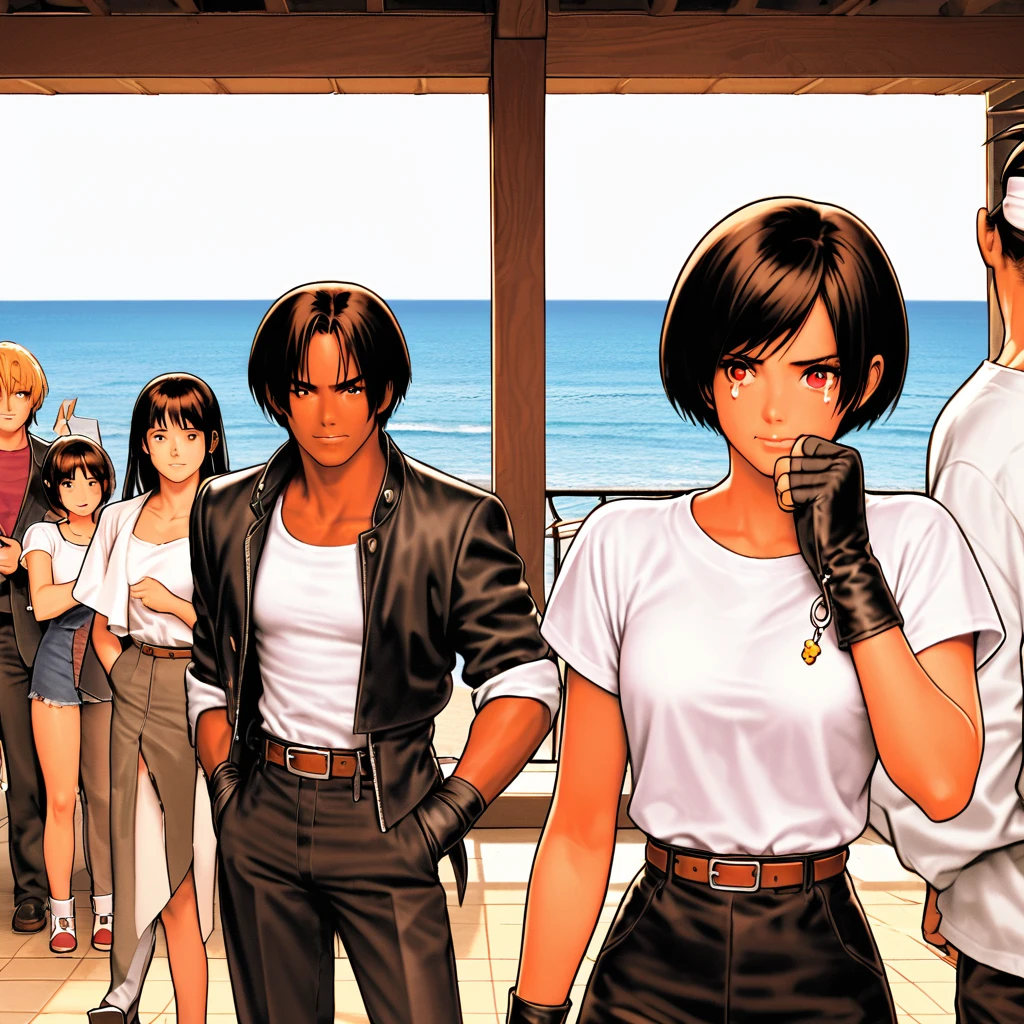 woman,Crying face,Wiping tears,short hair,Black Hair,Dark Skin,Red eyes,（Rolled up sleeves black jacket）,Fingerless gloves,White T-shirt,（White headband）,Black Pants,White Boots,Brown belt,cute,Indoor Party,Charm point Charm point,Ocean View,My breasts are a little large,Outdoor,high quality,cool,Unconfident face,Classmate on the terrace（Girls and boys）,care about,After the breakup,Standing