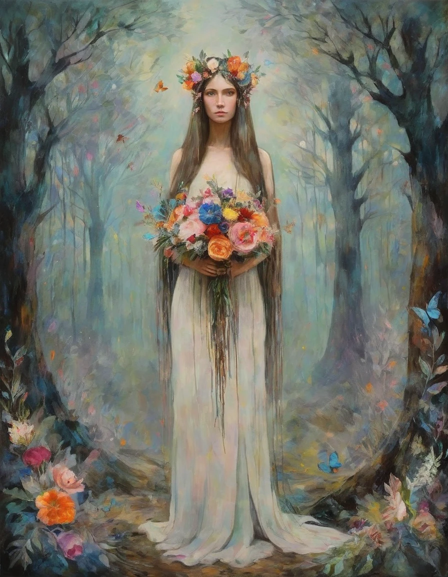 Masterpiece, best composition, one beautiful woman, long hair, full length, facing forward, large garland on her head, holding a large beautiful bouquet of flowers, fairy like figure, in the woods, fantasy, textured background to highlight the subject, meditative presence, focus on the feel of the oil painting.