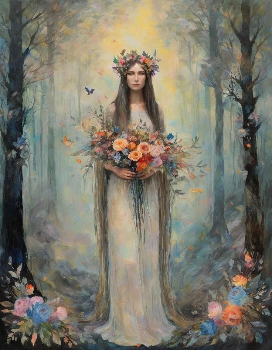 Masterpiece, best composition, one beautiful woman, long hair, full length, facing forward, large garland on her head, holding a large beautiful bouquet of flowers, fairy like figure, in the woods, fantasy, textured background to highlight the subject, meditative presence, focus on the feel of the oil painting.