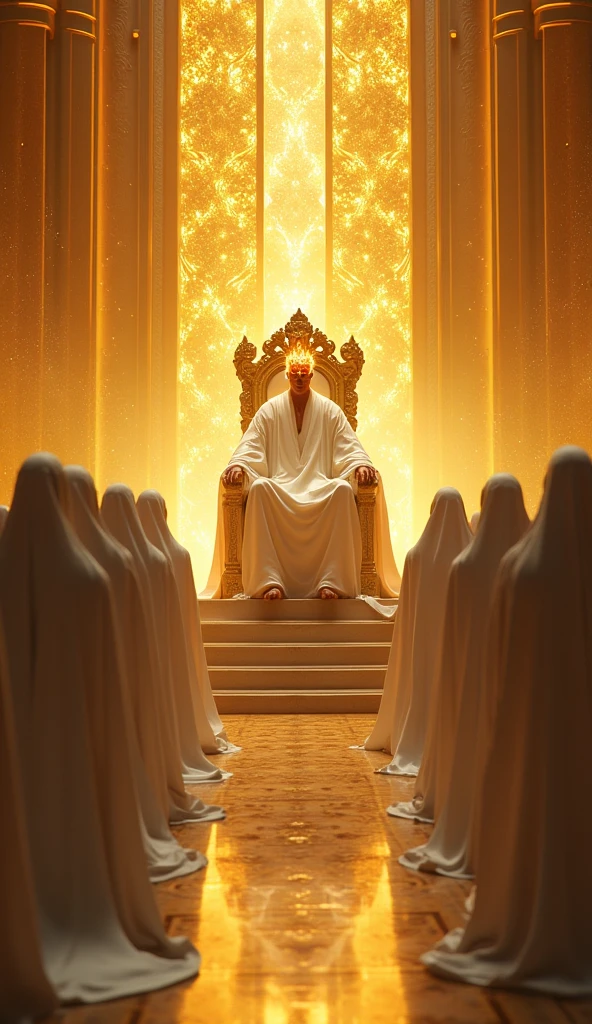 Man with Glowing white hair, eyes of flame, crown, on a throne, people in white robes, worship, Golden throne room