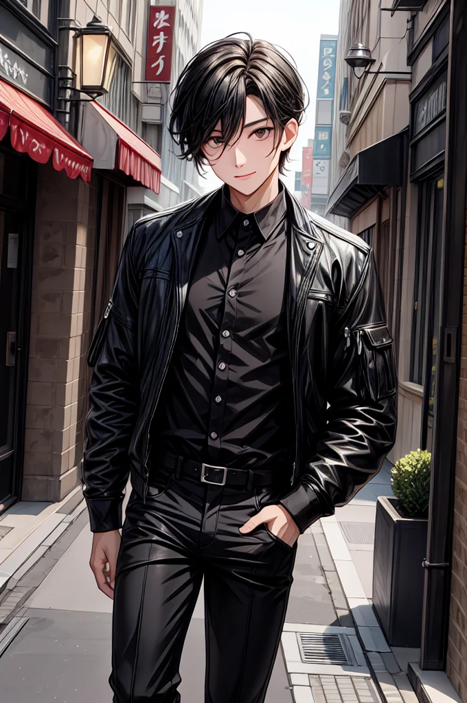((highest quality, 8K, masterpiece: 1.3)), Tokyo City、Handsome boy in street fashion:1.5, 20-year-old、Delinquent boy、 well-groomed face, black hair color、thin face、(white skin:1.5)、whole body、black eyes、boy with makeup、Super handsome、sexy eyes、Extra-fine face, handsome nose, small eyes and face, beautiful lighting, High resolution, detailed mouth, smile, perfect body shape、super slim,medium hair、silveraccessories、fulhair、silveraccessories、full body shot