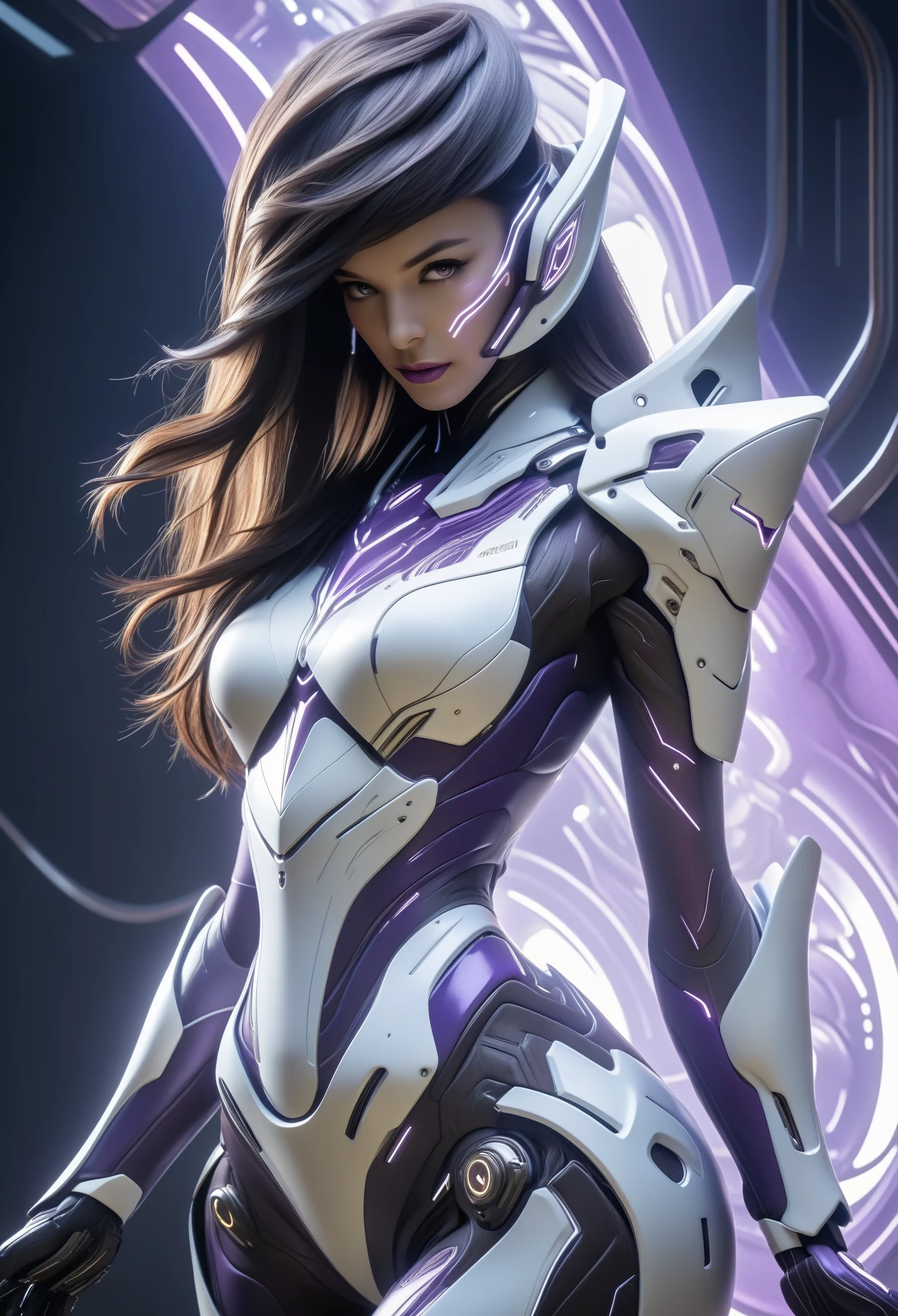 score_9, score_8_up, score_7_up, Wear purple and white mechanical clothing, Wonders of the machine, cyber, Cybernetic Guardian, Futuristic Armor, whole body, Front pose, Symmetric, Complex (Steel Metal [rust]), joint, Warframe style, cyborg, Female body armor, (Best Quality, 4K, 8K, High Definition, Masterpiece:1.2), (Ultra Detailed, Realistic, Photorealistic:1.37), detailed fractal patterned skin, cute lips, Bioluminescence, dark aura