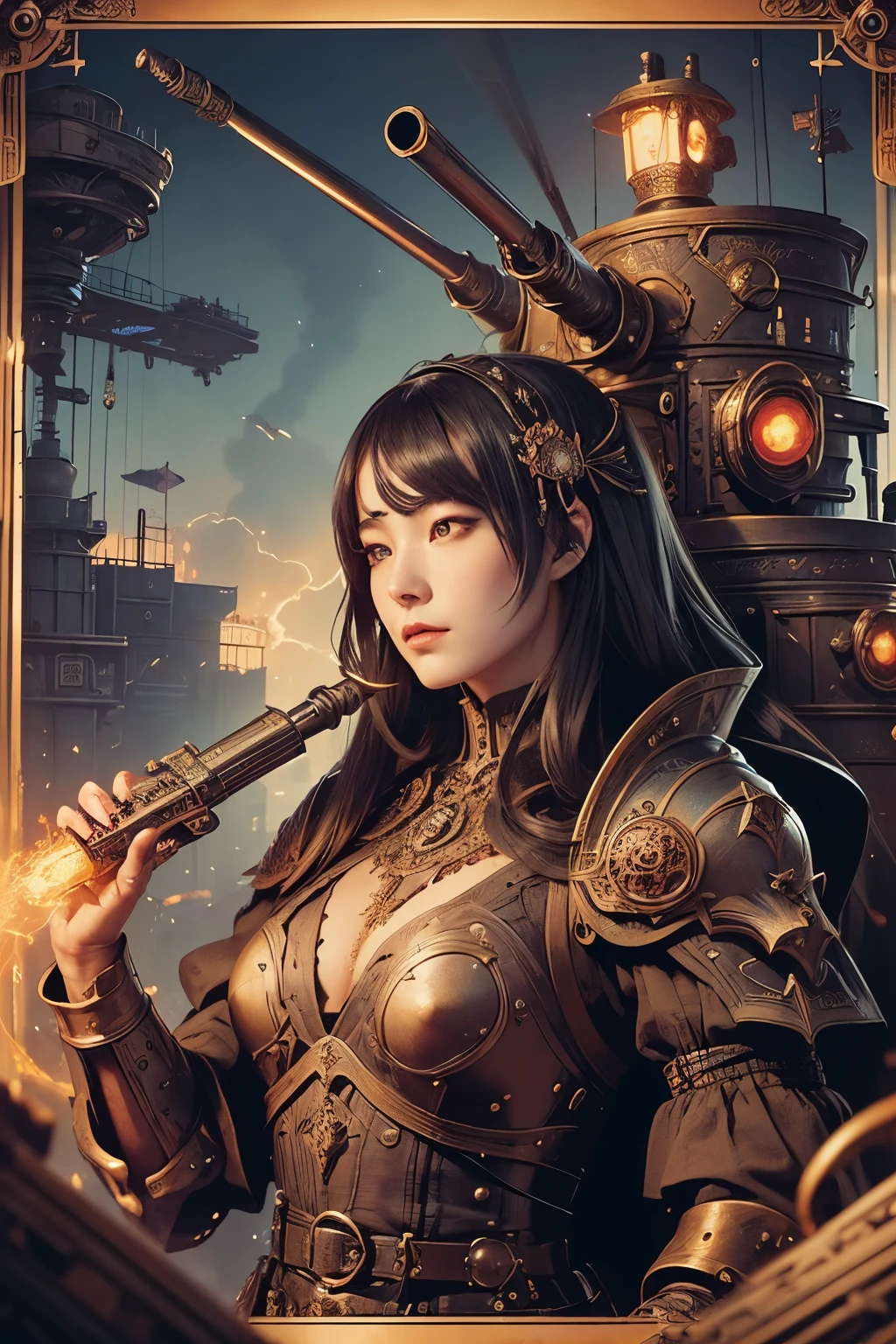 (Ultra-detailed face, looking away, Fantasy Illustration with Gothic, Ukiyo-e, Comic Art, Rich colors), 
BREAK 
(This is a steampunk-like world where magic and machines are fused together. Heavily armored lead cars with caterpillars on both sides are fighting side by side. On top of the bogie is a 120mm glide gun and two remote-controlled heavy machine guns.)