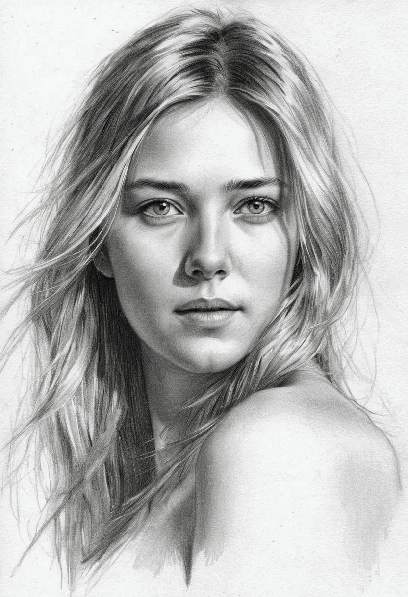 A delicate, graphite sketch portrays, a nude young beautiful Maria Sharapova, medium firm breasts, standing bare feet without background, her features rendered in subtle shading and precise lines. The framing is tight, focusing attention on the subject's serene face. Soft, feathery strokes convey the gentle texture of her hair,