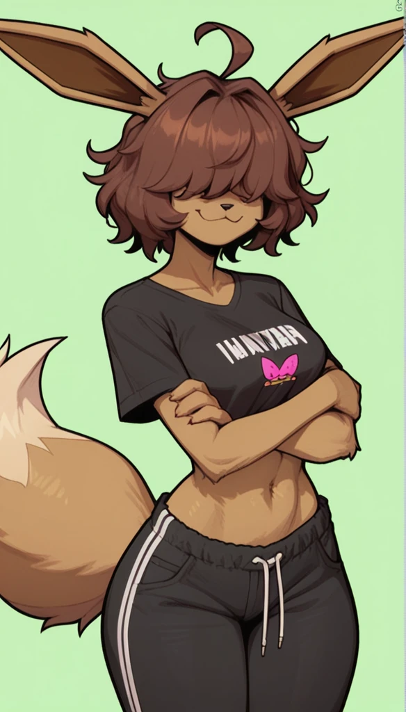 Excited expression, 1girl, anthro, furry, fur, fluffy fur, eevee girl, brown hair, short hair, messy hair, (19 years), medium breast, thicc thighs, solo, (green background), detailed, smug smile, (hair covering eyes), black shirt, baggy pants (black pants), looking at the viewer, score_9, score_8_up, score_7_up, score_6_up, score_5_up, score_4_up
